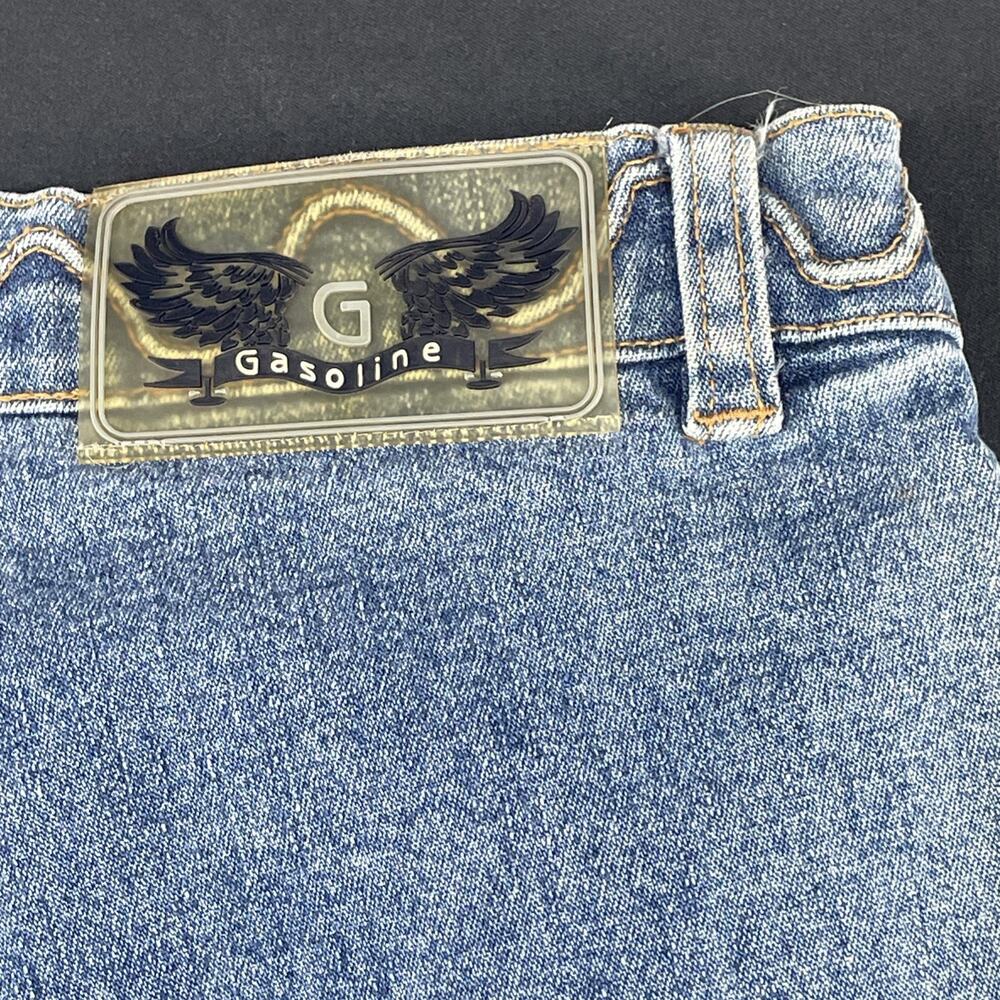 Y2K Vtg Gasoline Brand Womens 3 Flare Boot Leg Denim Jeans Swirl Stitch Festival - Picture 5 of 8